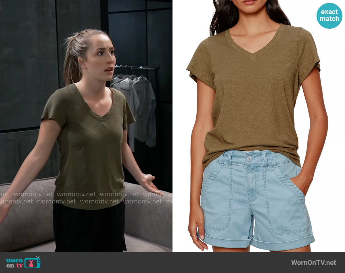 Sanctuary Soft V Neck Tee in Burnt Olive worn by Josslyn Jacks (Eden McCoy) on General Hospital