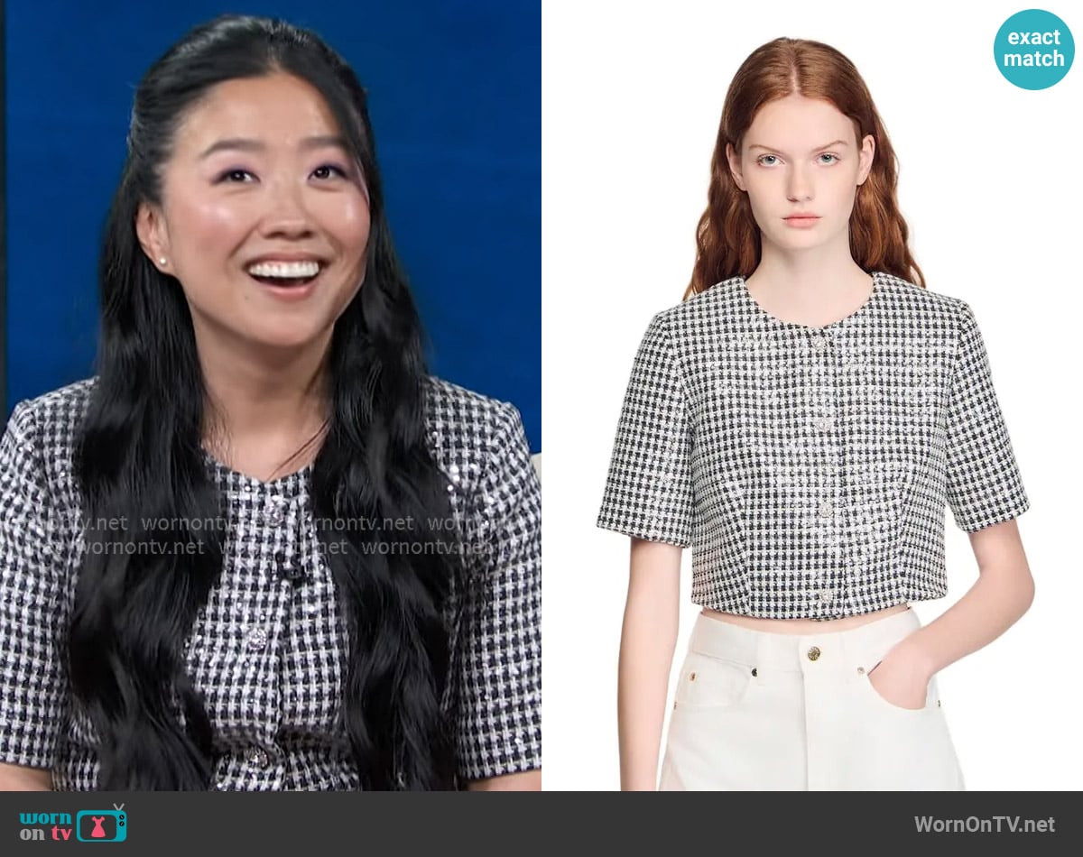 Sandro Cropped houndstooth tweed jacket worn by Sherri Cola on Access Hollywood