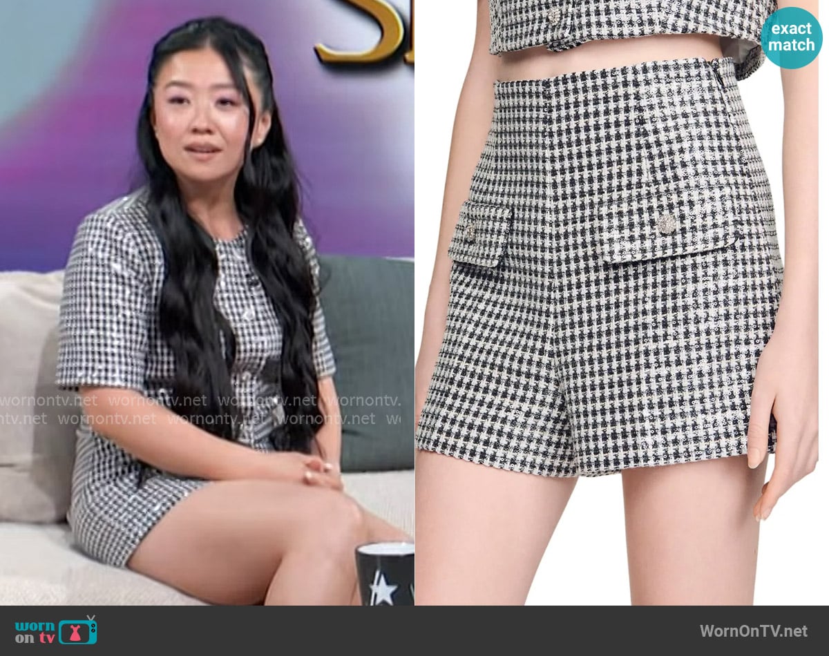 Sandro Sequin Houndstooth Tweed Shorts worn by Sherri Cola on Access Hollywood