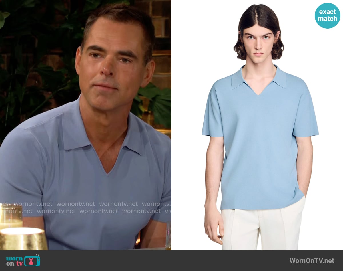 Sandro Stretch knit polo shirt in Sky Blue worn by Billy Abbott (Jason Thompson) on The Young and the Restless