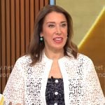 Sarah Gelman’s navy printed dress and white eyelet jacket on CBS Mornings