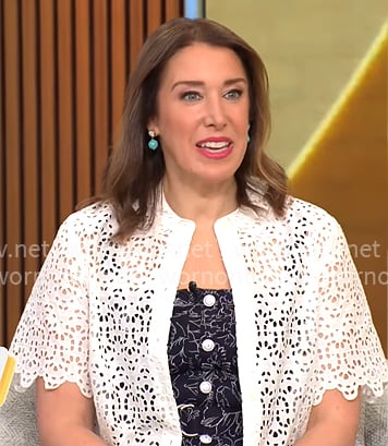 Sarah Gelman’s navy printed dress and white eyelet jacket on CBS Mornings