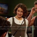 Sarah’s brown scoop neck vest and pants on Days of our Lives