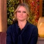 Sara’s navy tie neck blouse on The View