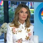 Savannah’s floral embroidered shirt and brown stripe skirt on Today