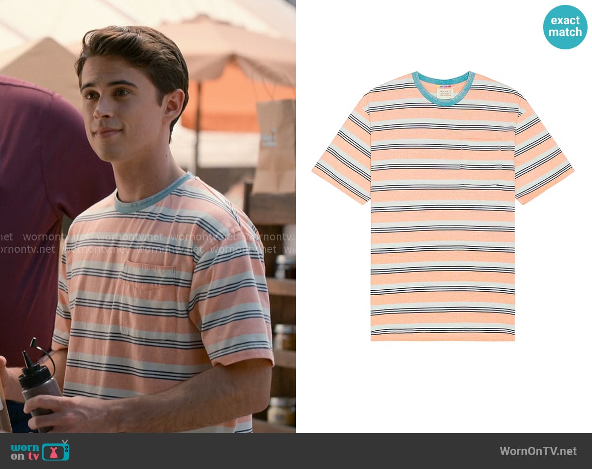 Scotch & Soda Yarn Dye Stripe Pocket Tee in Peach Green Multistripe worn by Tyler Townsend (Carson Rowland) on Sweet Magnolias