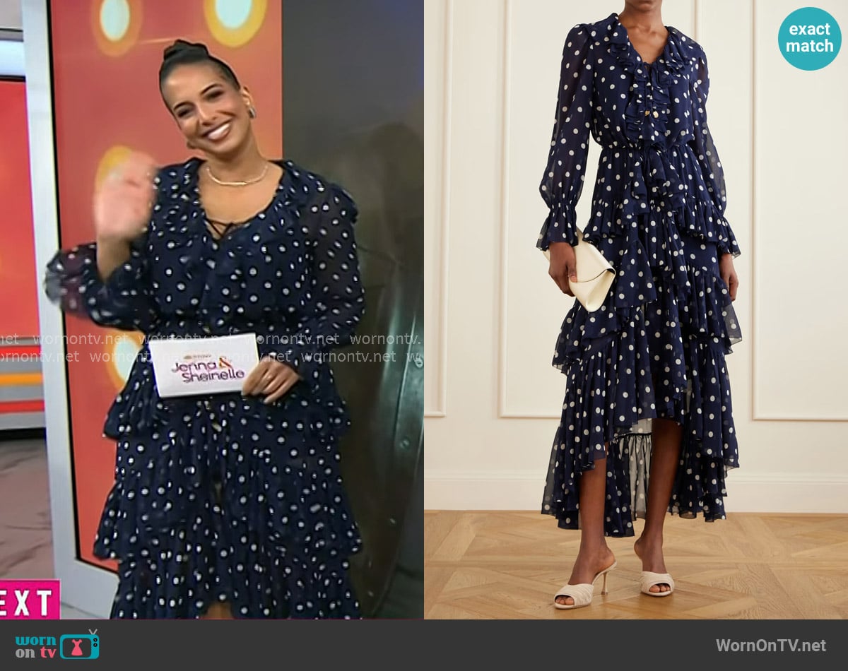 Nessa Diab’s navy polka dot ruffle dress on Today