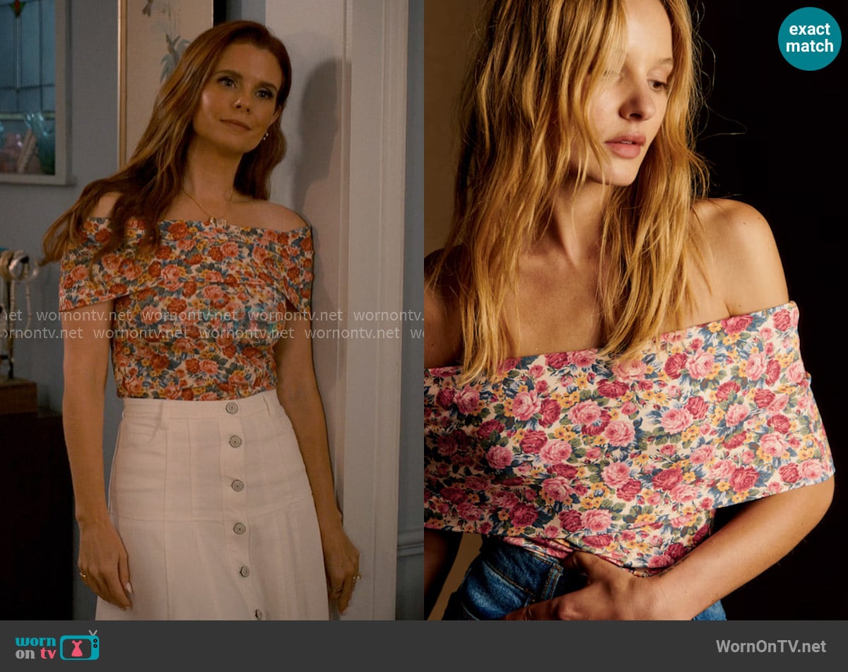 Maddie’s floral off-shoulder top on Sweet Magnolias Maddie’s floral off-shoulder top on Sweet Magnolias