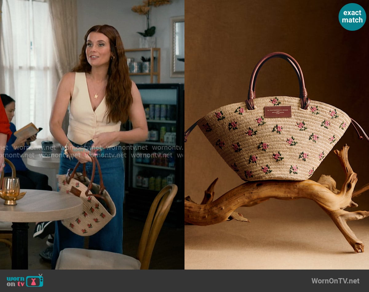 Sezane Justine Basket Bag in Embroidered Pink Flowers Raffia worn by Maddie Townsend (JoAnna Garcia Swisher) on Sweet Magnolias