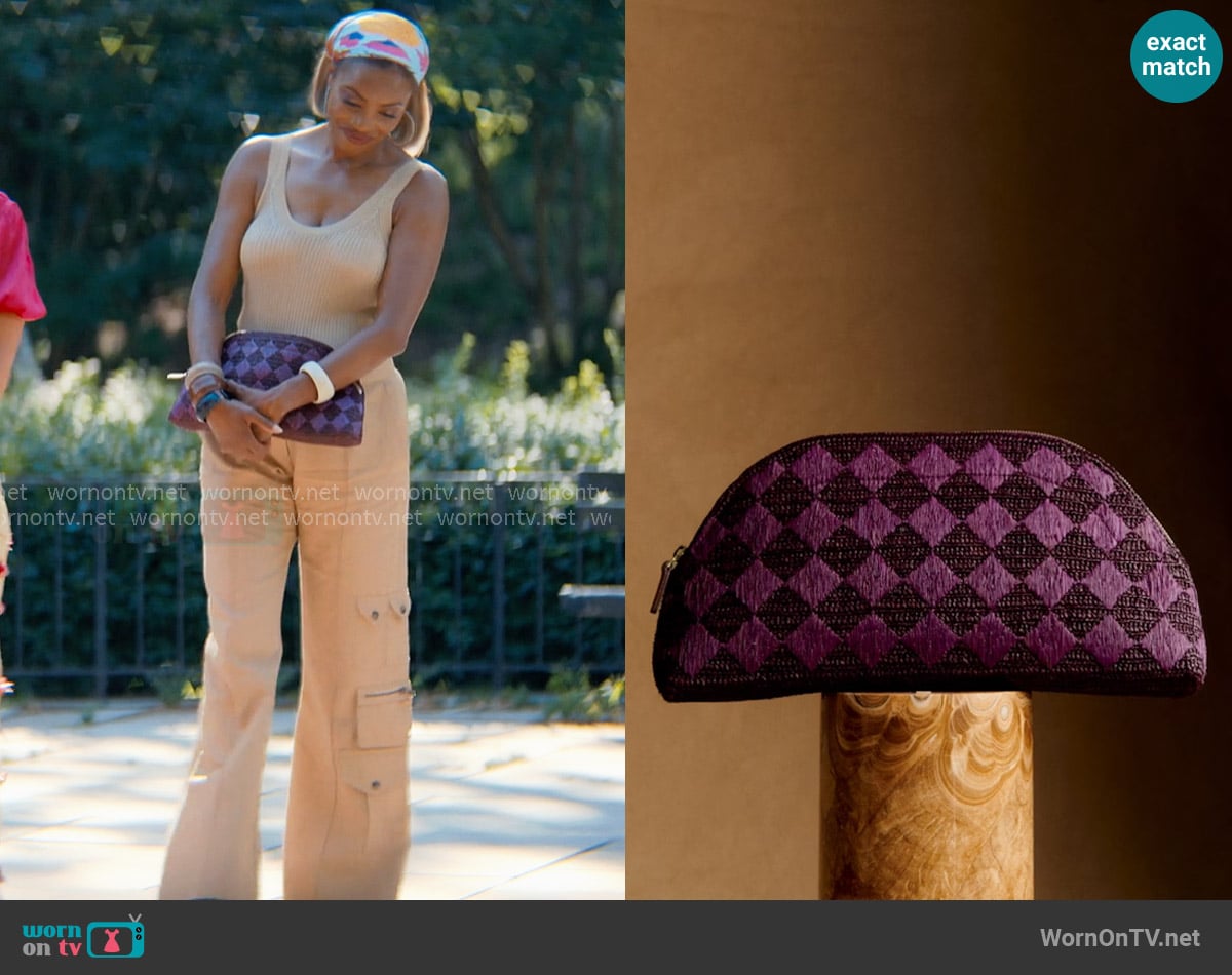 Sezane Simona Pouch in checked purple raffia worn by Helen Decatur (Heather Headley) on Sweet Magnolias