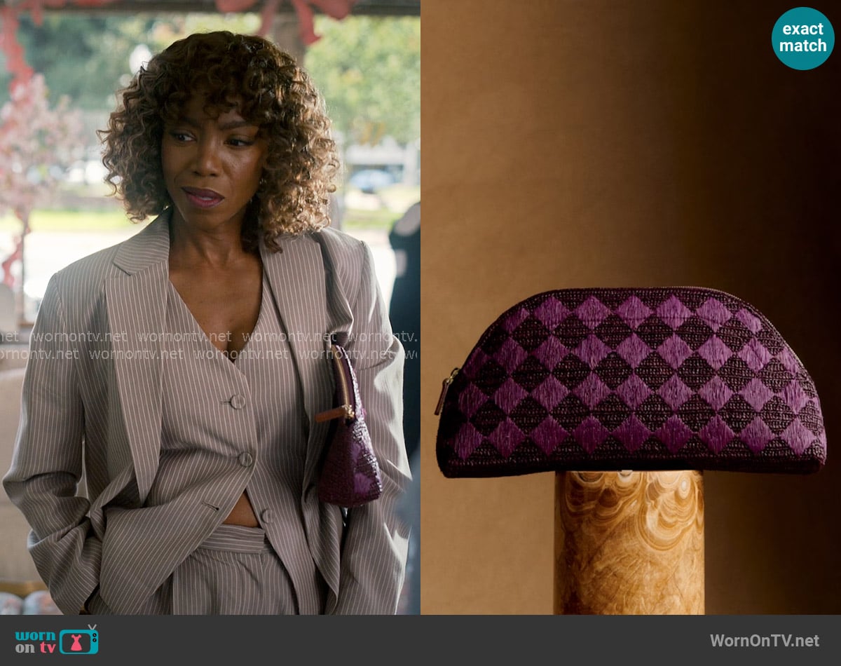 Sezane Simona Pouch in checked purple raffia worn by Helen Decatur (Heather Headley) on Sweet Magnolias