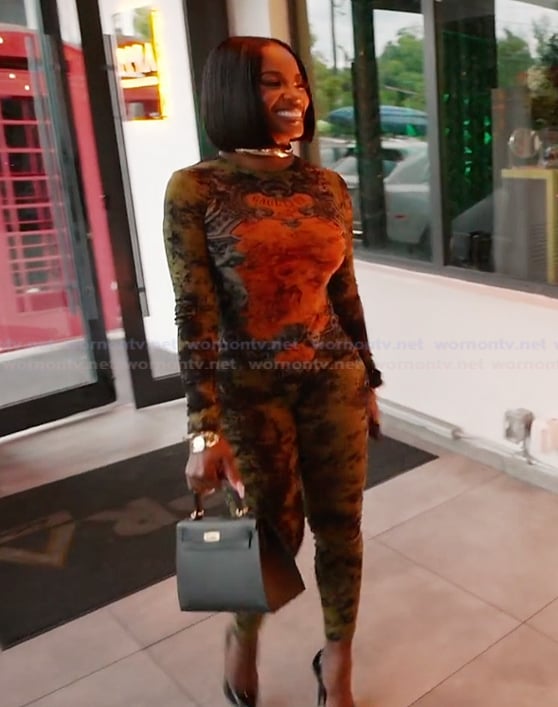 Shamea’s printed mesh catsuit on The Real Housewives of Atlanta