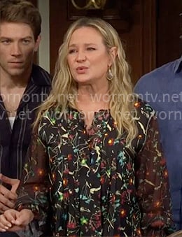 Sharon’s black printed blouse on The Young and the Restless