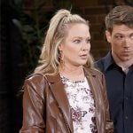 Sharon's butterfly print top, leather blazer, and leopard belt on The Young and the Restless