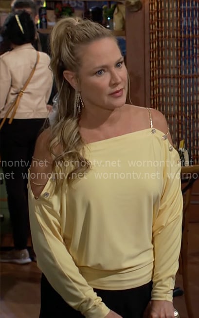 Sharon’s yellow chain shoulder sweater on The Young and the Restless
