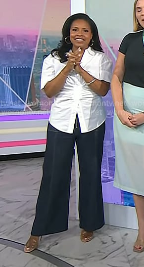 Sheinelle’s whtie ruched shirt and zip front jeans on Today
