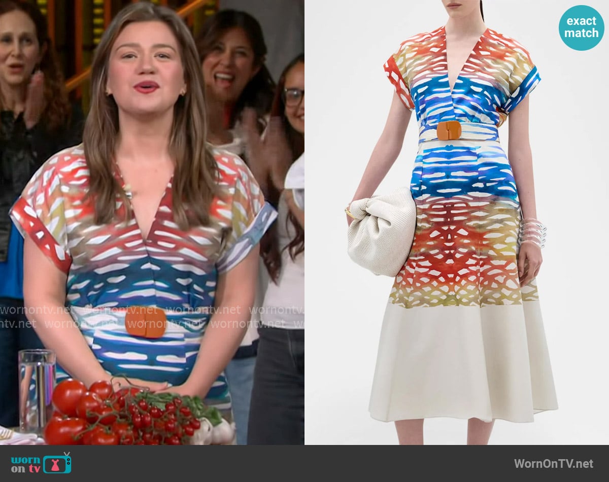 Silvia Tcherassi Sakura Coral Symphony Belted Midi Dress worn by Kelly Clarkson on The Kelly Clarkson Show
