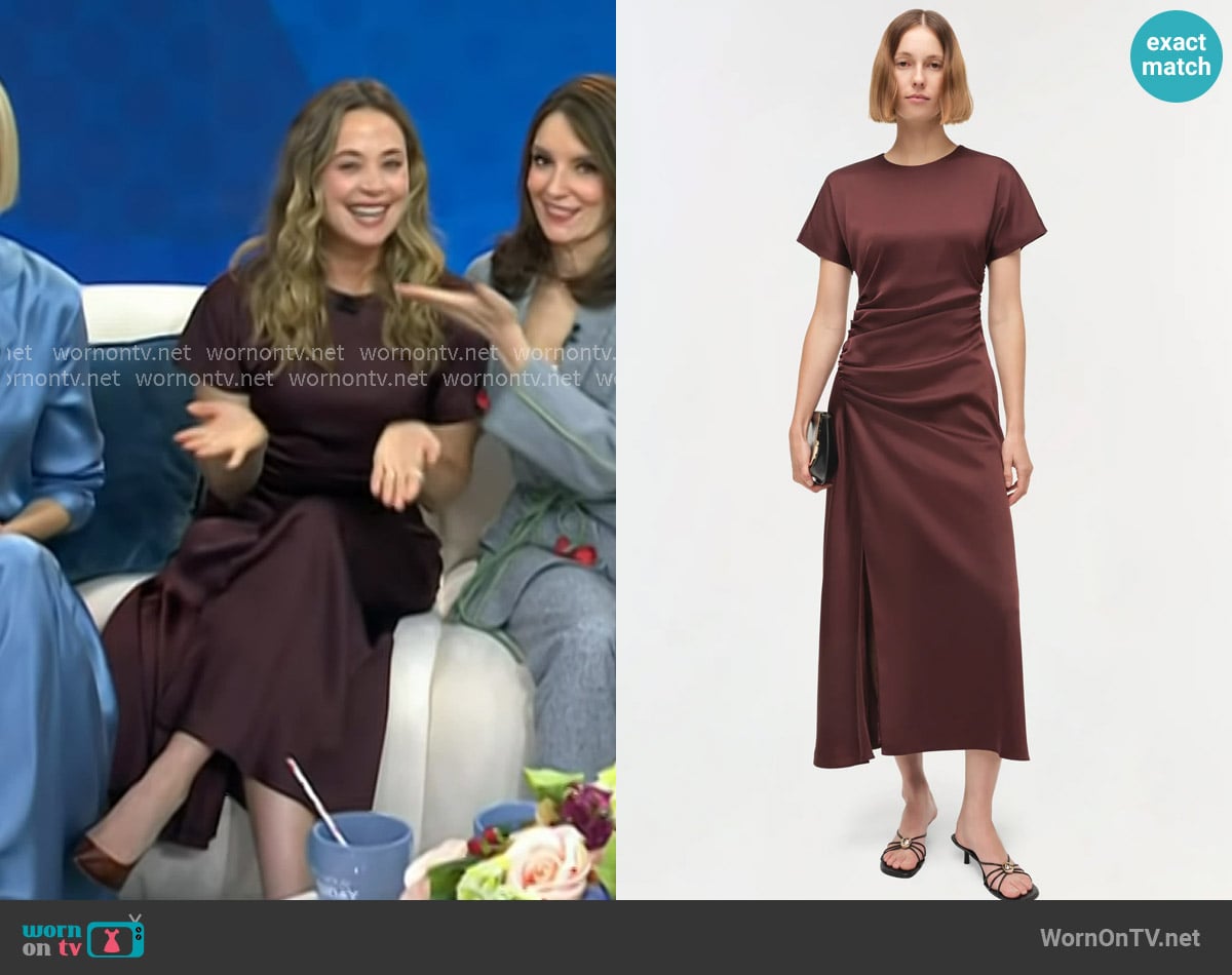 Simkhai Marabella Draped Satin Midi Dress in Mahogany worn by Erika Henningsen on Today