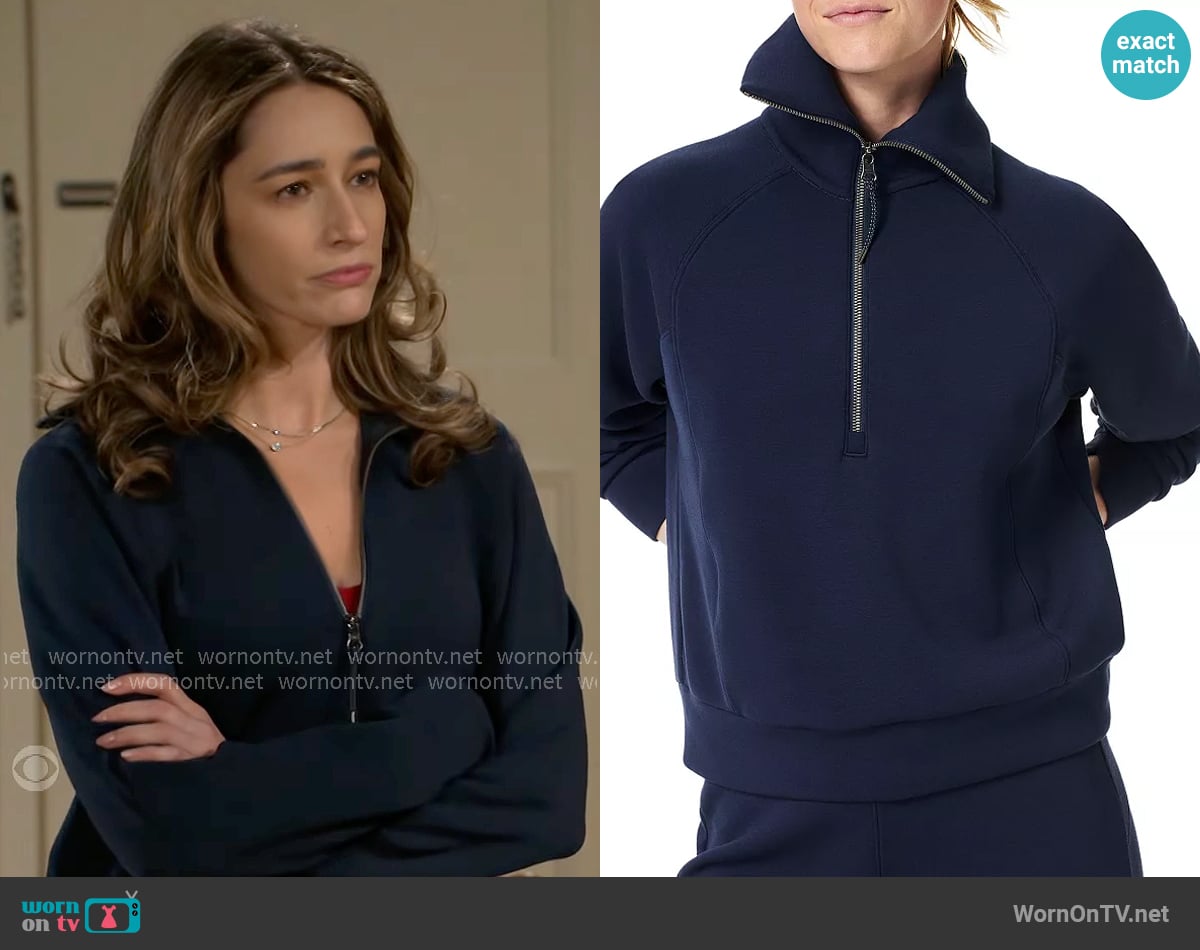 Spanx AirEssentials Half Zip in Timeless Navy worn by Ashley Morgan (Jen Jacob) on Beyond the Gates