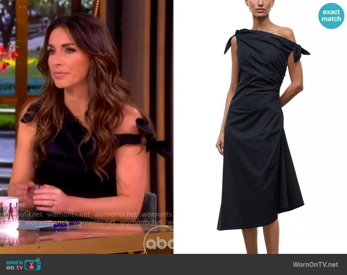 Alyssa’s black tie shoulder asymmetric dress on The View