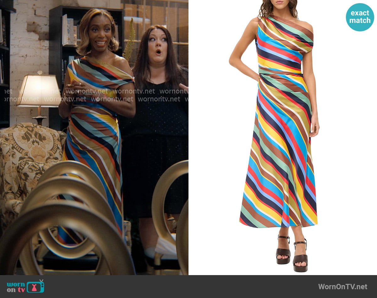 Staud Phare Draped Striped Dress in Market Stripe worn by Helen Decatur (Heather Headley) on Sweet Magnolias