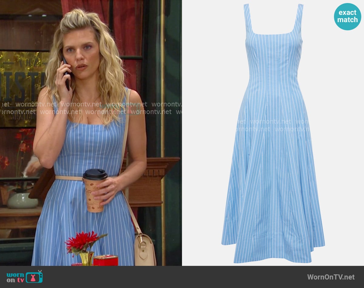 Staud Wells Pleated Striped Cotton-Blend Poplin Midi Dress worn by Catherina Greene (AnnaLynne McCord) on Days of our Lives