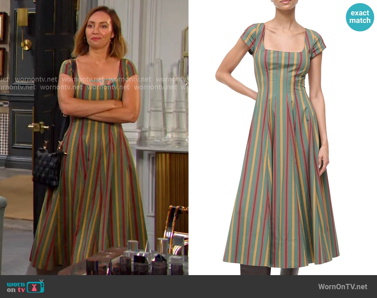 Staud Wells Square-Neck Midi-Dress in Trailblazer Stripe worn by Gwen Rizczech (Emily O'Brien) on Days of our Lives