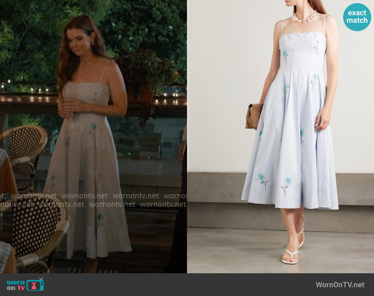 Staud Wylie embellished embroidered cotton-blend poplin midi dress worn by Maddie Townsend (JoAnna Garcia Swisher) on Sweet Magnolias
