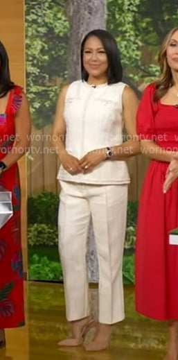 Stephanie’s white sleeveless tweed top and pants on Good Morning America