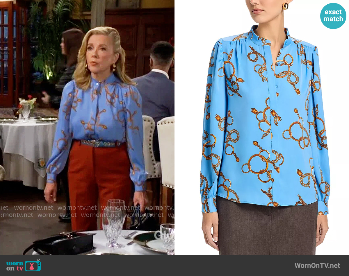 T Tahari Long Sleeved Button Down Blouse in Golden Bracelet Light Blue worn by Nikki Reed Newman (Melody Thomas-Scott) on The Young and the Restless
