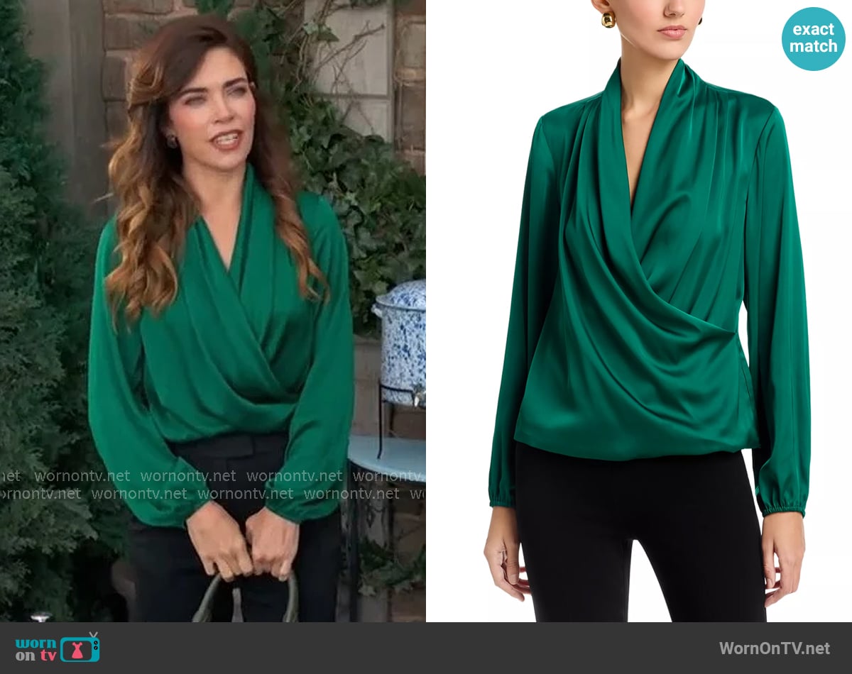 T Tahari Long Sleeved Wrap Bodice Blouse worn by Victoria Newman (Amelia Heinle) on The Young and the Restless