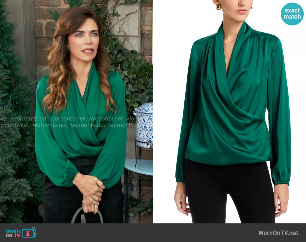 T Tahari Long Sleeved Wrap Bodice Blouse worn by Victoria Newman (Amelia Heinle) on The Young and the Restless