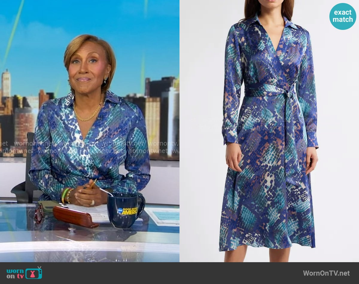 Tahari Hammered Satin Wrap Front Shirtdress in Indigo Snake worn by Robin Roberts on Good Morning America