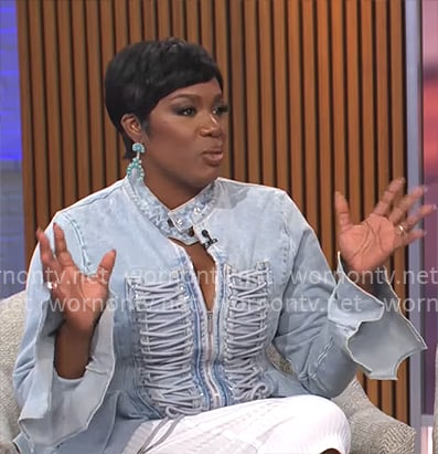 Tanya Trotter’s denim lace-up jacket on CBS Mornings
