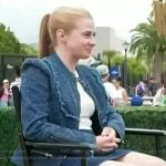 Taylor Dearden’s denim jacket and skirt on Access Hollywood