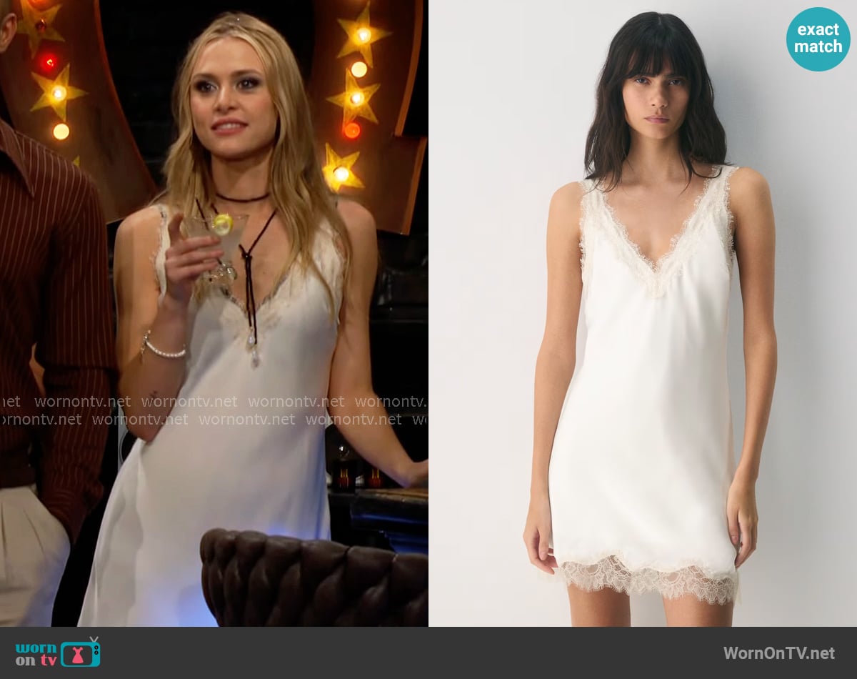 Ten at Aritzia Suite Satin Dress in lt br/spklg chmpgn worn by Claire Grace (Hayley Erin) on The Young and the Restless