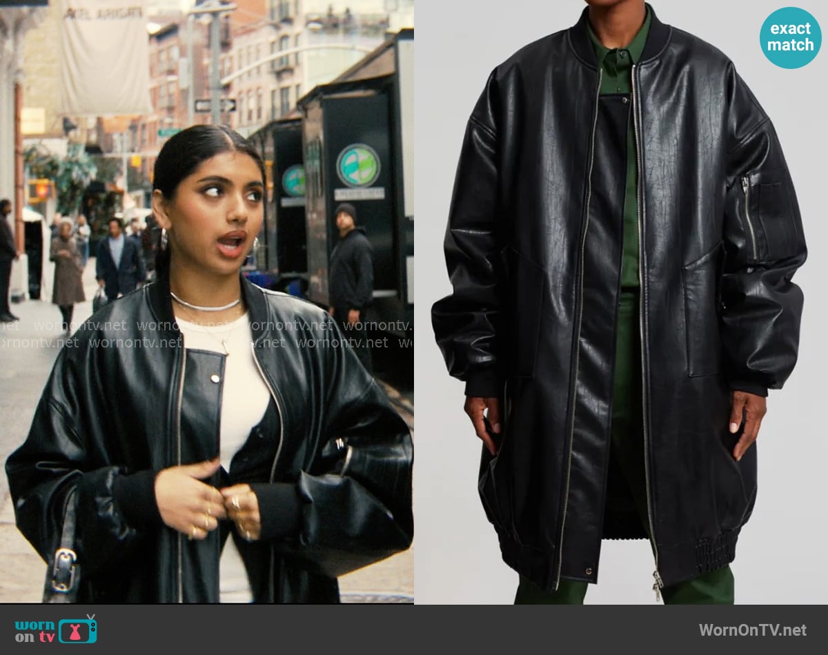 The Frankie Shop Jesse Long Faux Leather Bomber worn by Abhinaya Chilukuri (Avantika) on Not Suitable For Work