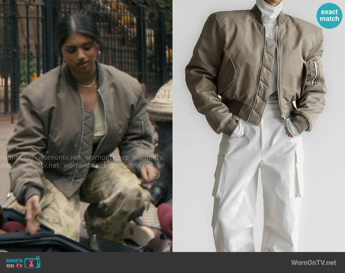 The Frankie Shop Mati Cropped Padded Bomber worn by Abhinaya Chilukuri (Avantika) on Not Suitable For Work