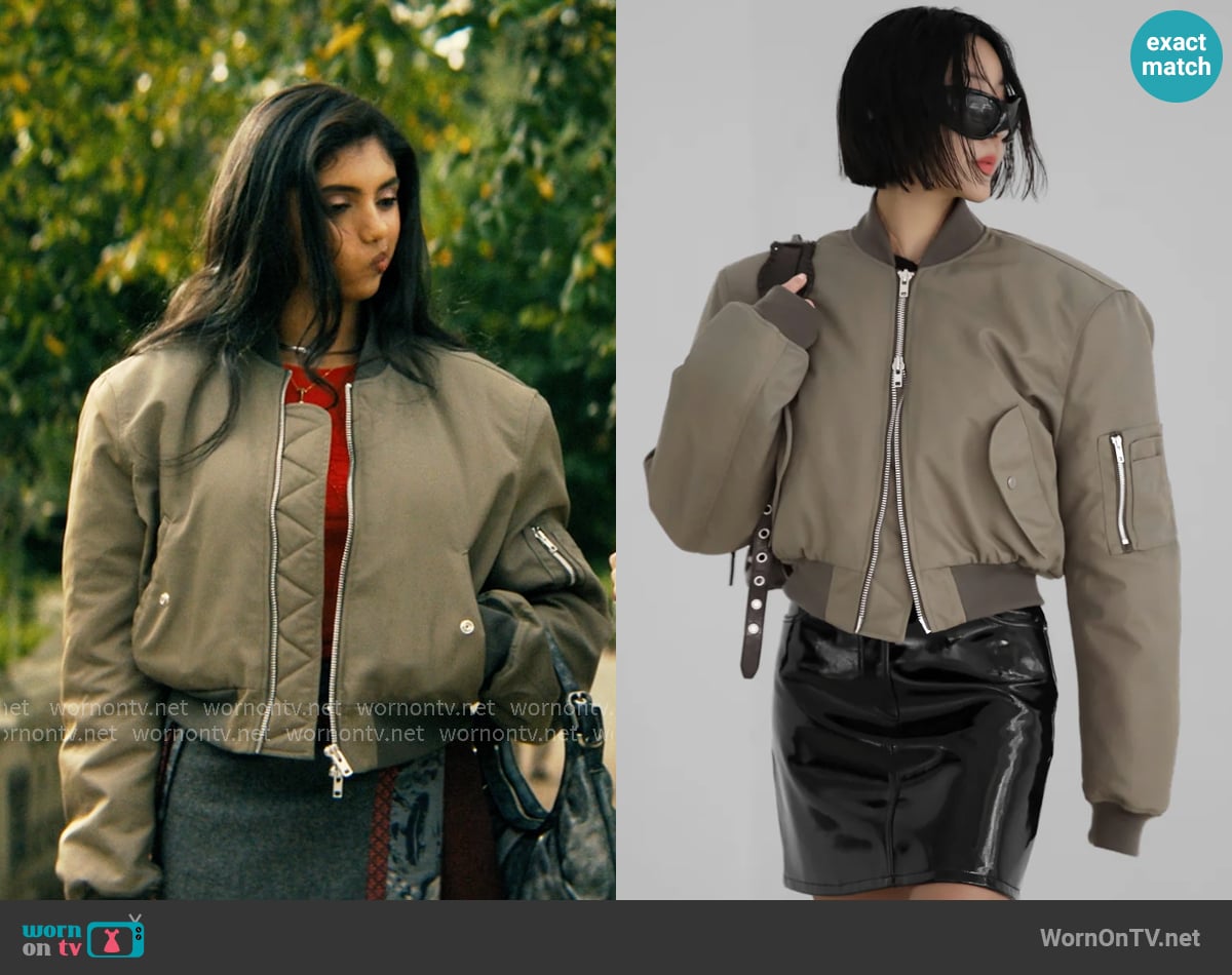 The Frankie Shop Mati Cropped Padded Bomber in Olive worn by Abhinaya Chilukuri (Avantika) on Not Suitable For Work