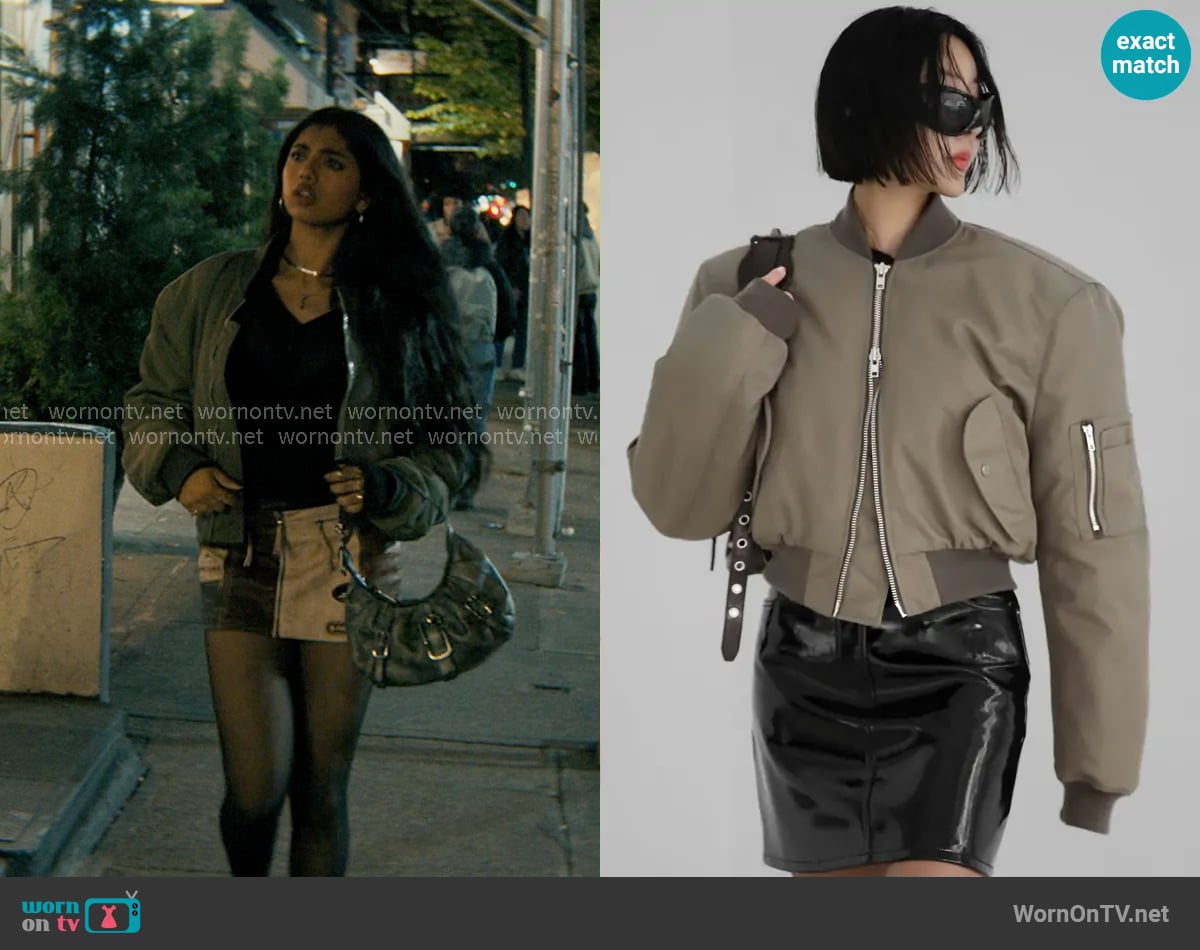 The Frankie Shop Mati Cropped Padded Bomber in Olive worn by Abhinaya Chilukuri (Avantika) on Not Suitable For Work