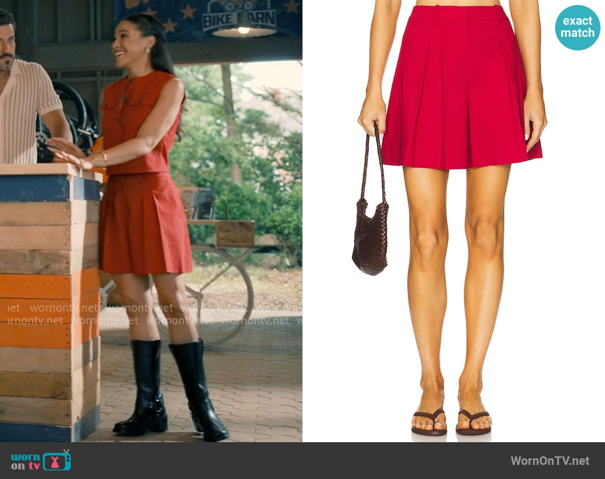 Theory Pleated Short in Cherry worn by Courtney Sinclair (Courtney Grace) on Sweet Magnolias
