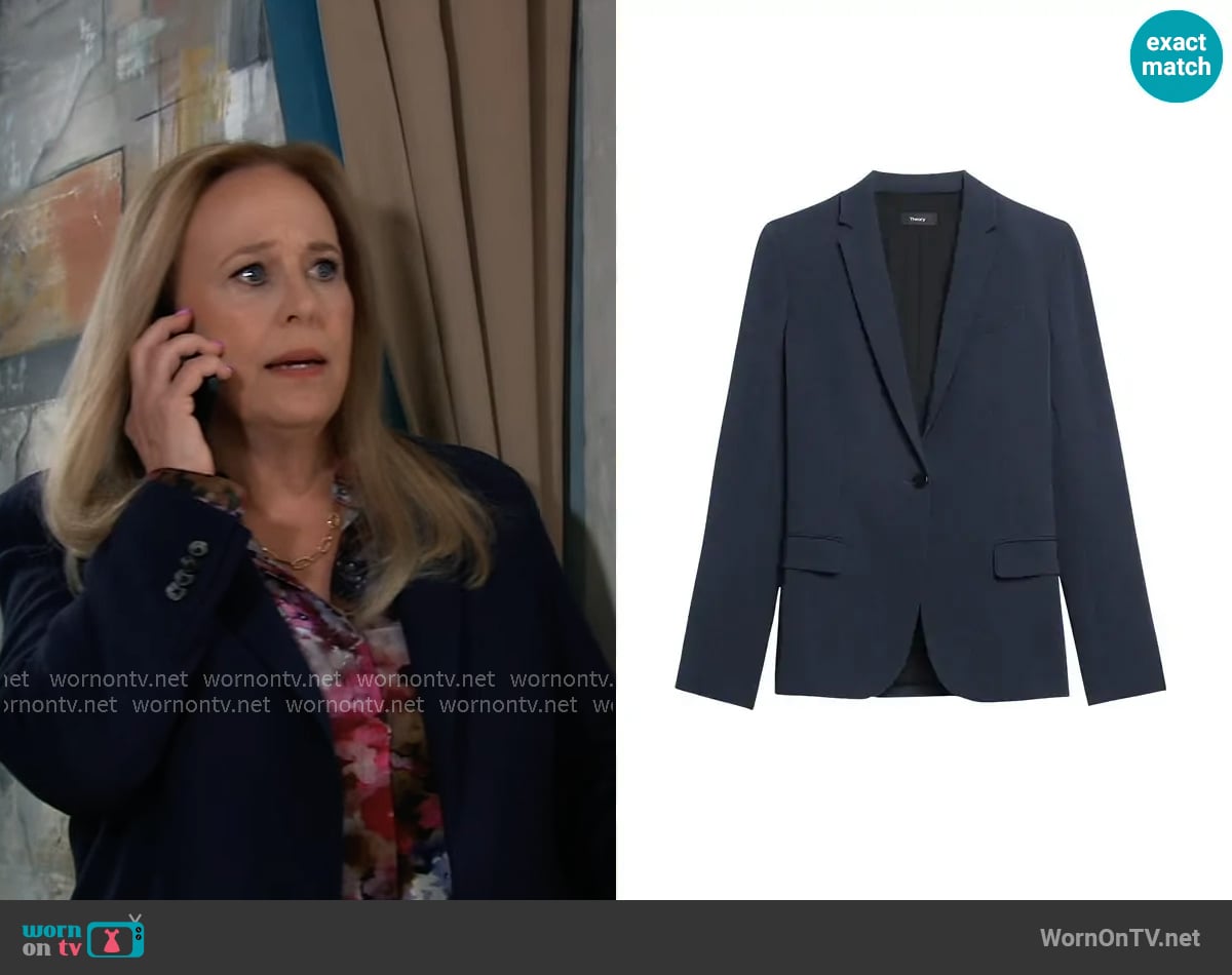 Theory Staple Classic Crepe Single-Button Blazer in Nocturne Navy worn by Laura Collins (Genie Francis) on General Hospital