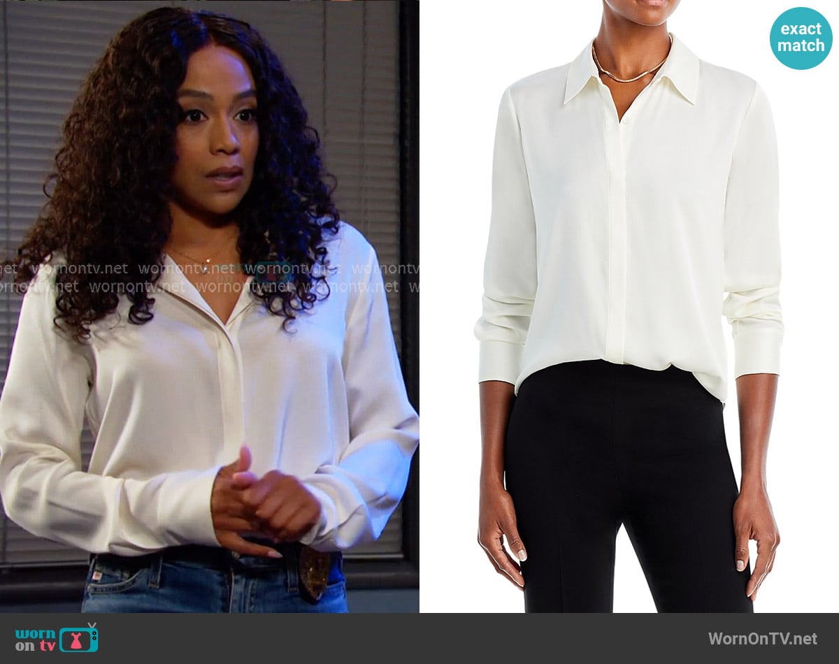 Theory Sunaya Silk Blouse in Ivory worn by Jada Hunter (Elia Cantu) on Days of our Lives