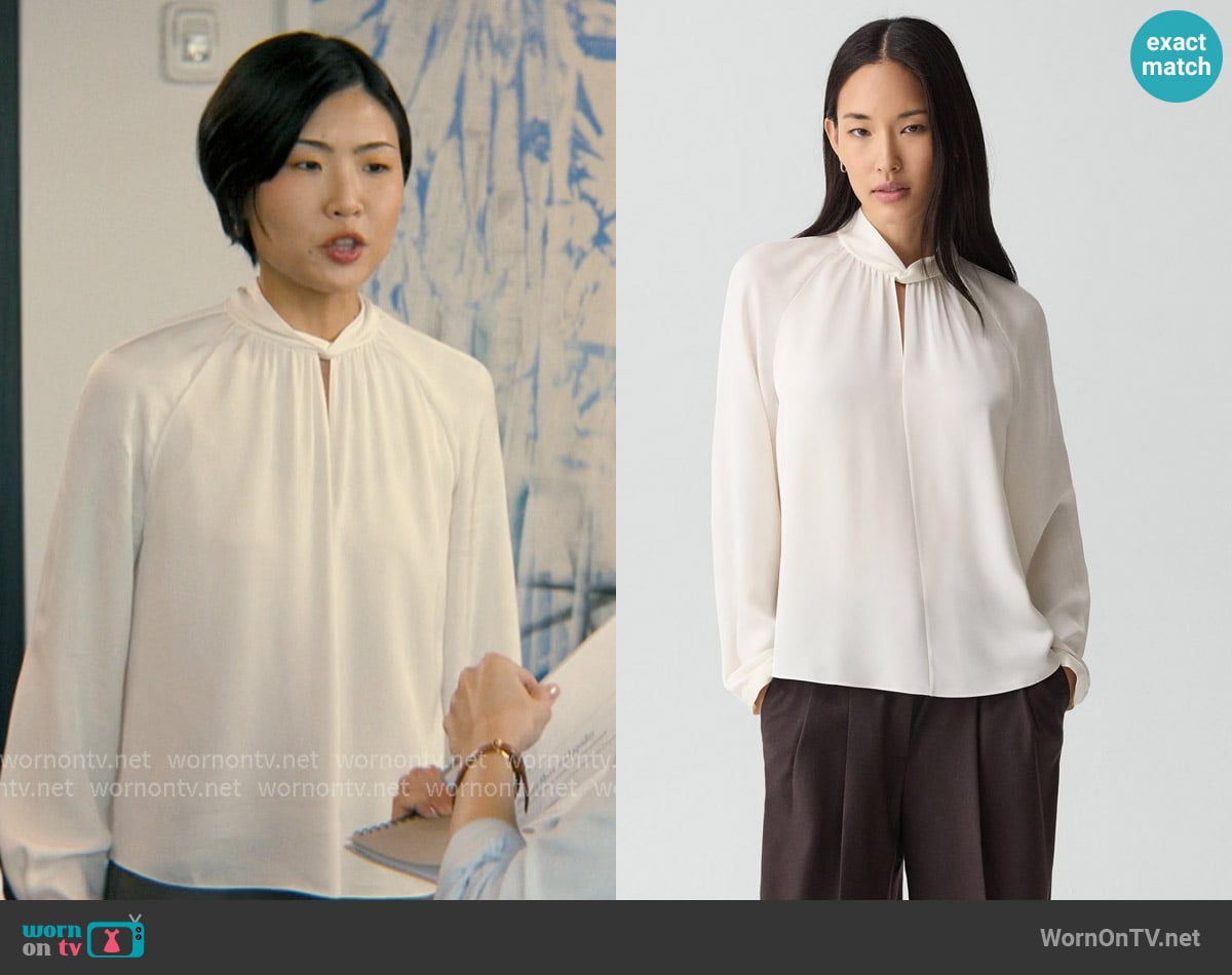 Theory Twist Neck Top in Silk Georgette worn by Jocelyn (May Hong) on Not Suitable For Work