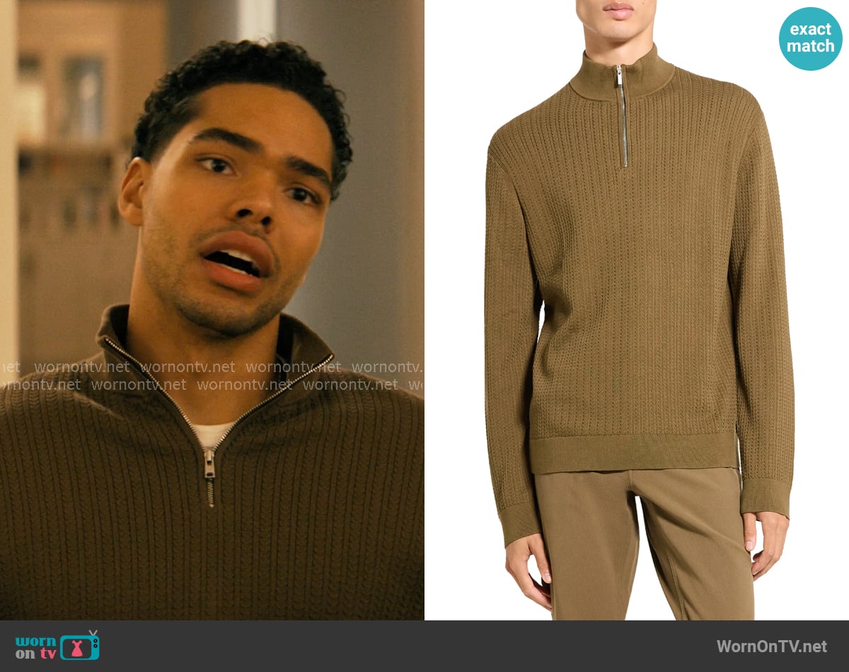 Theory Walton Half Zip Sweater in Duffle worn by Kel Washington (Nicholas Duvernay) on Not Suitable For Work