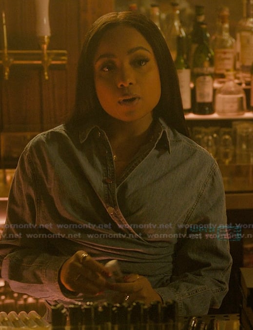 Tiffany’s blue denim wrap top on The Chi