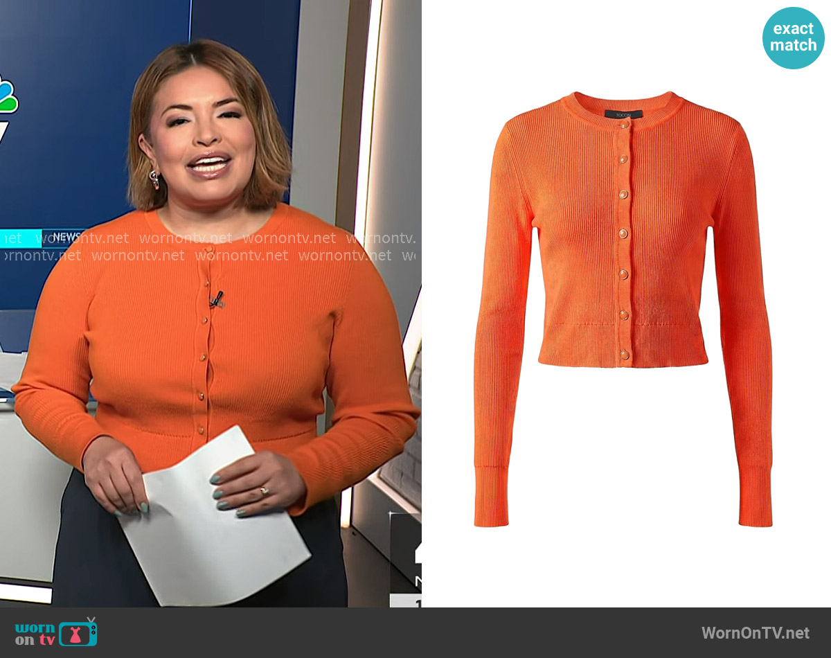 Toccin Zoe Fitted Crop Cardigan in Flame worn by Gilma Avalos on NBC News Daily