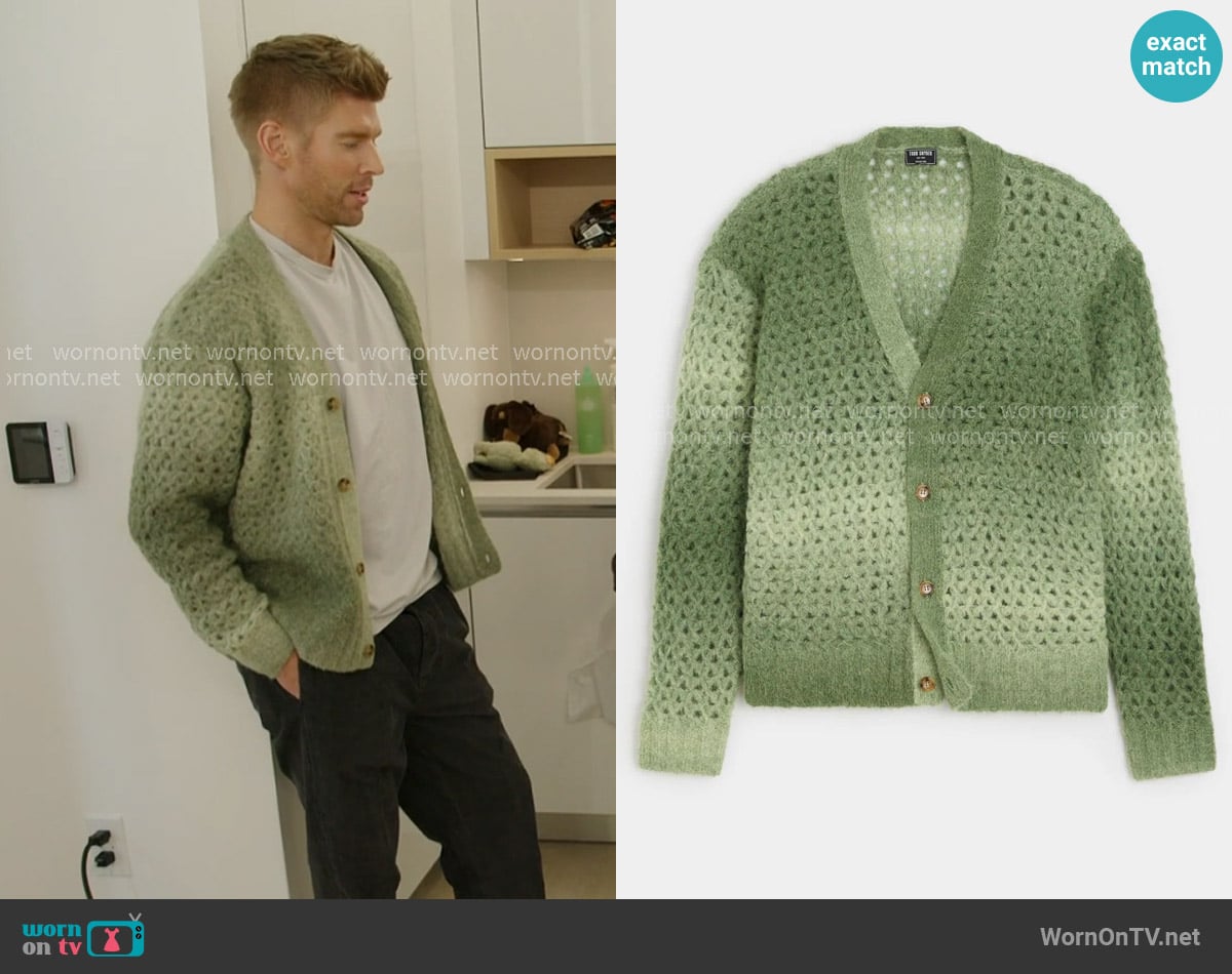 Todd Snyder Open-knit Ombre Cardigan in Green worn by Kyle Cooke on In The City
