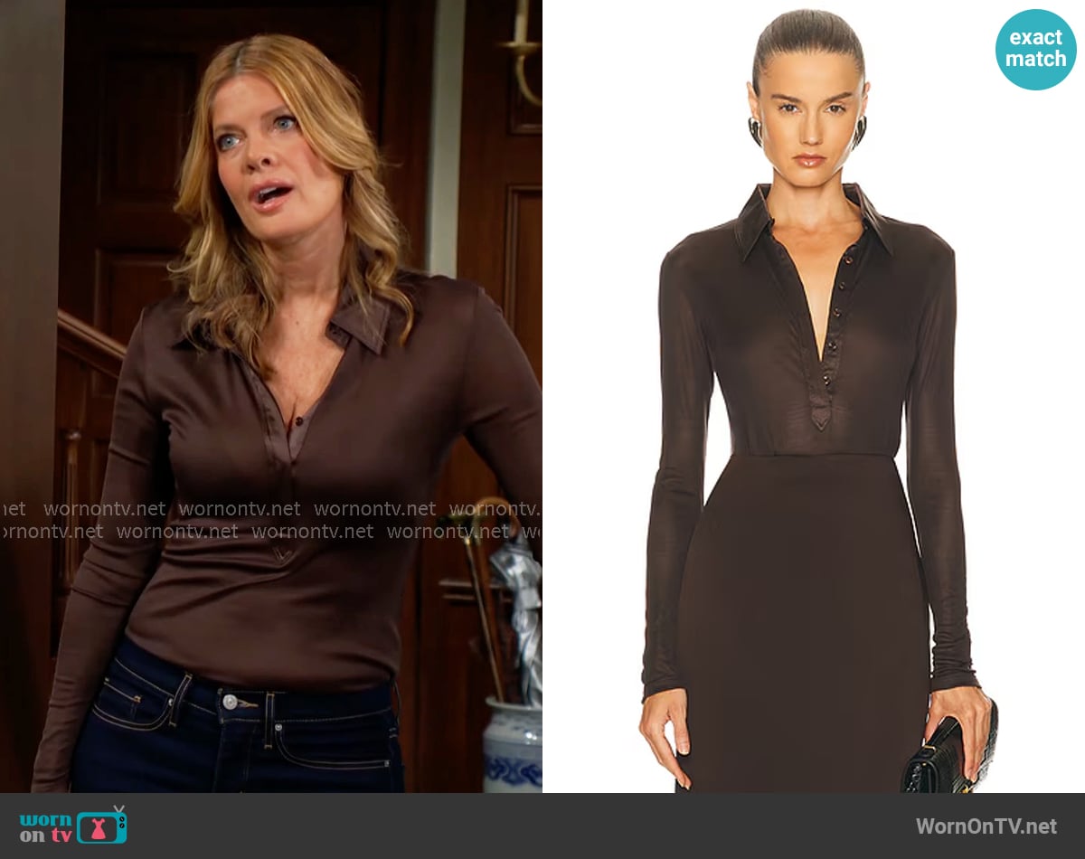Tom Ford Long Sleeve Polo Top in Brown worn by Phyllis Summers (Michelle Stafford) on The Young and the Restless