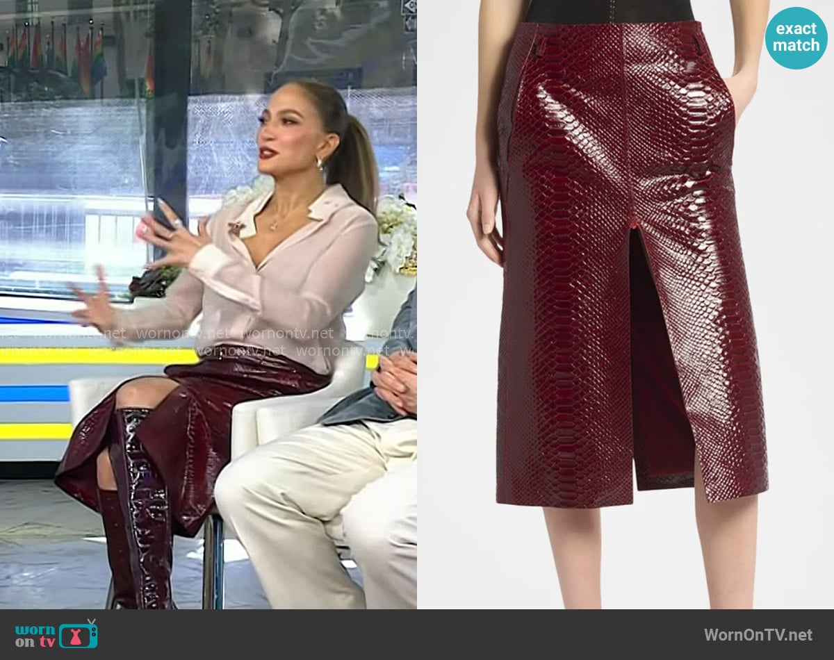 Tom Ford Snake-Effect Leather Midi-Skirt in Ruby Red worn by Jennifer Lopez on Today